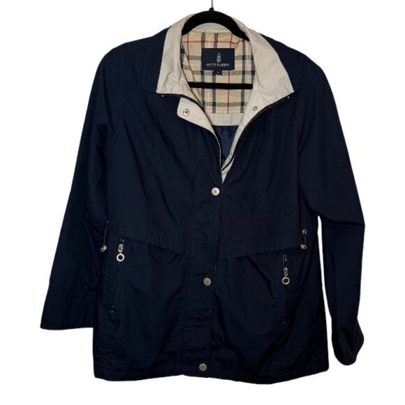 Misty Harbor zip up snap button front coat navy blue women's size 12 - Picture 1 of 3